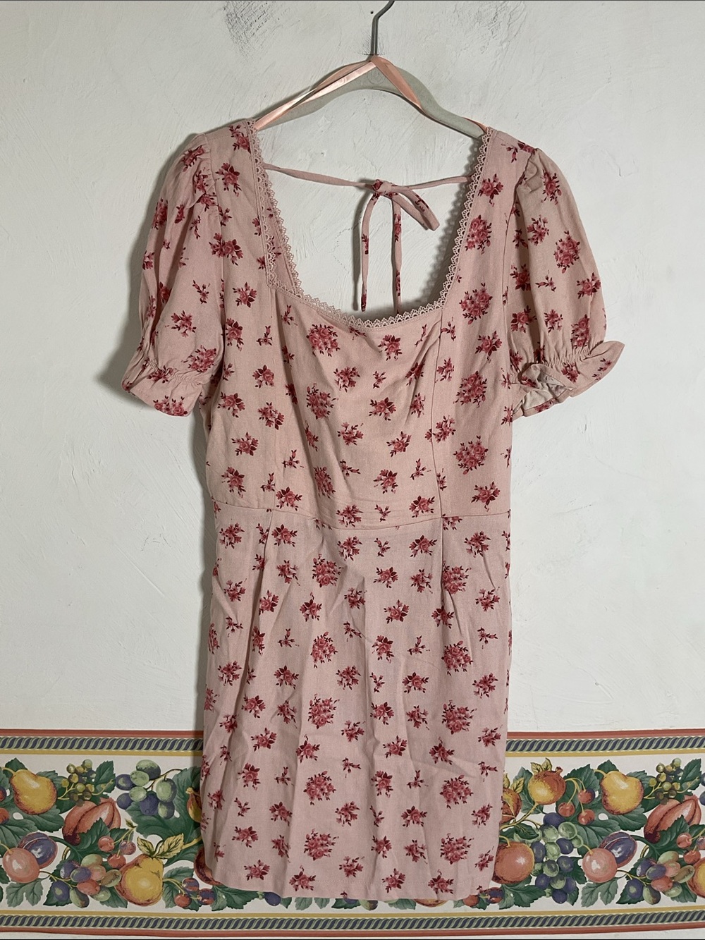Monteau Los Angeles Pink Floral Linen Blend Puff Sleeve Lace Trim Dress Sz L NWT